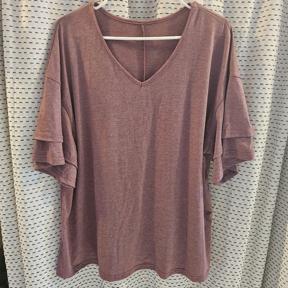 SHEIN Dusty Mauve V-Neck Short Sleeve Ruffle Tee